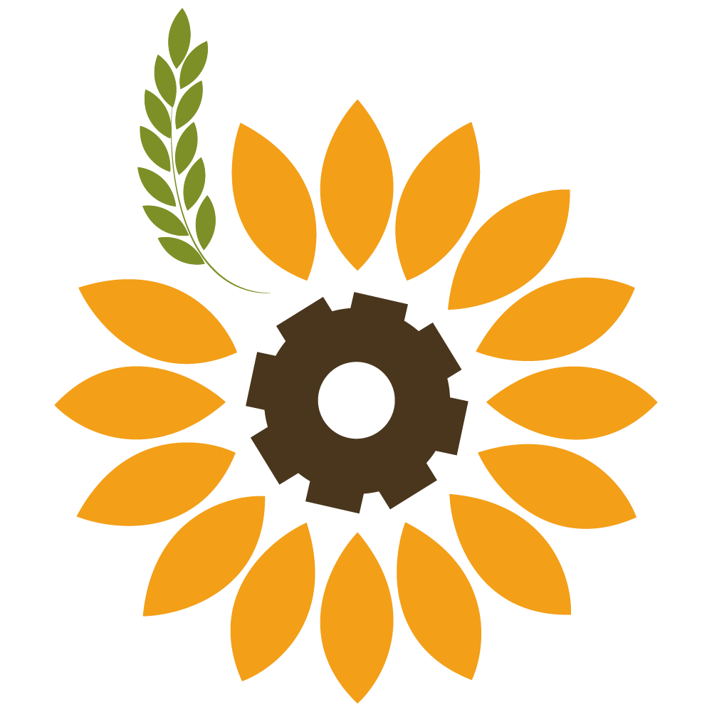 Sigle représentant l'entreprise Axe Diffusion, on voit une fleur de tournesol avec un cœur en forme d'engrenage et un épi de blé en haut à gauche. Les pétales sont jaune orangé, l'engrenage est marron et l'épi est vert