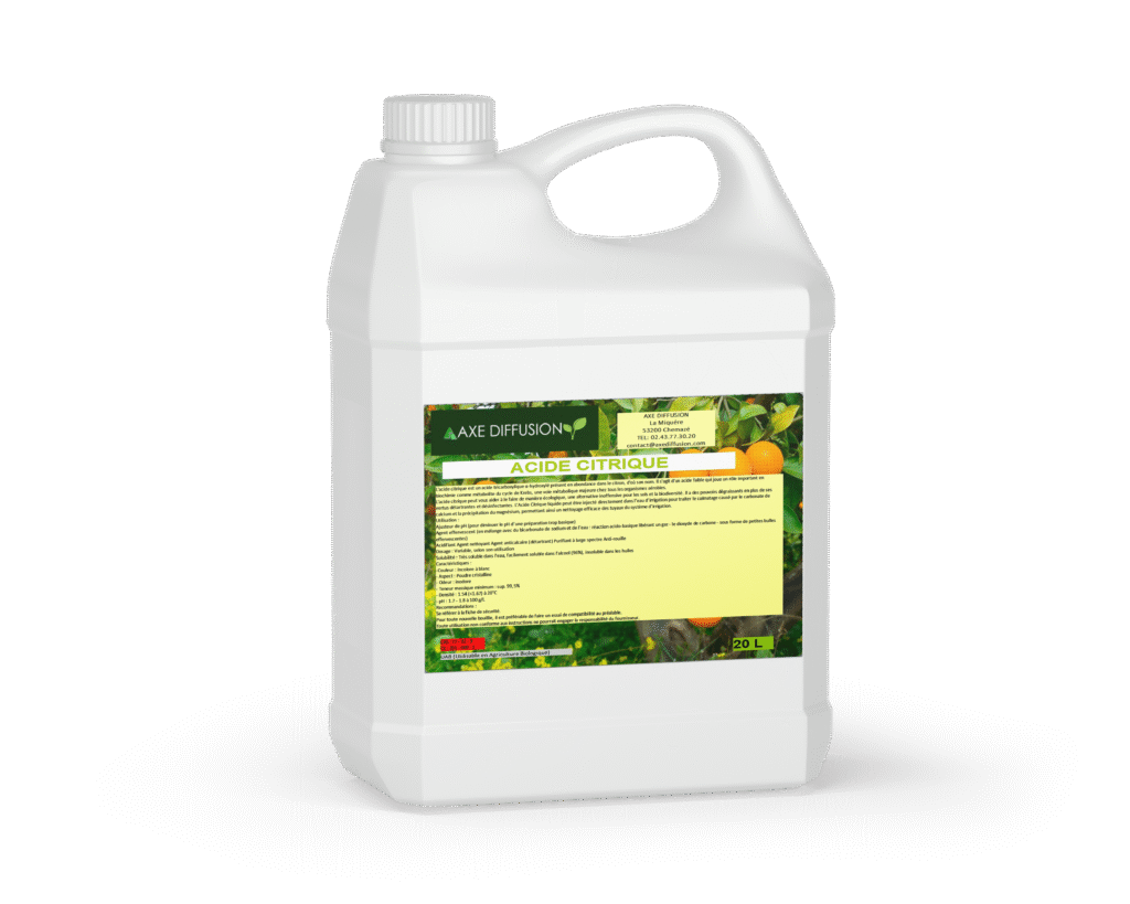 Bidon blanc de 20 litres d'acide citrique avec étiquette Axe Diffusion