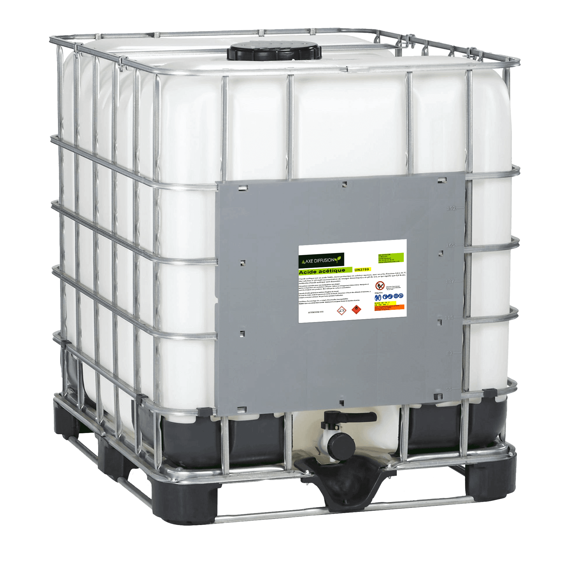 IBC de 1000 litres d'acide acétique avec étiquette Axe Diffusion