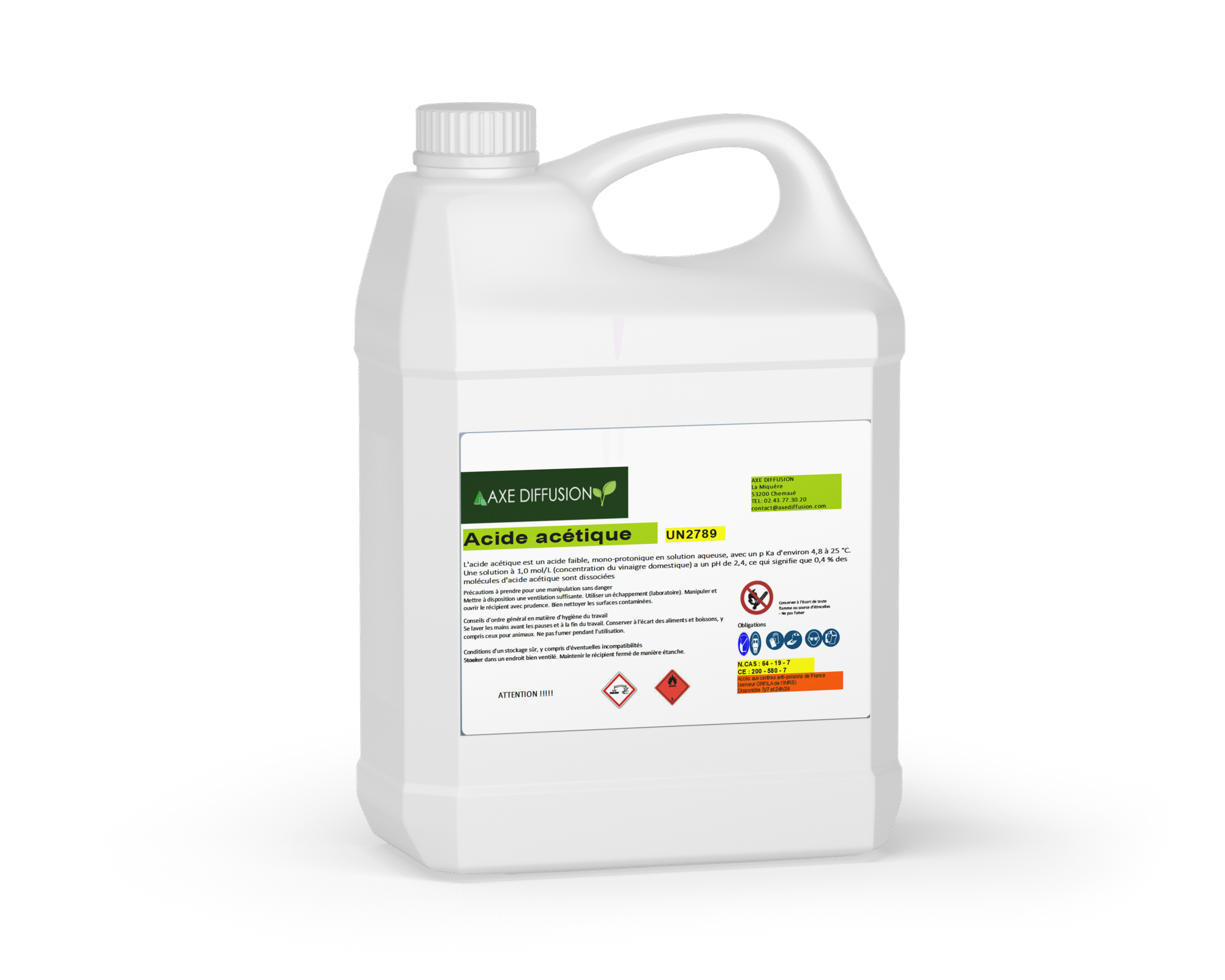 Bidon blanc de 20 litres d'acide acétique avec étiquette Axe Diffusion