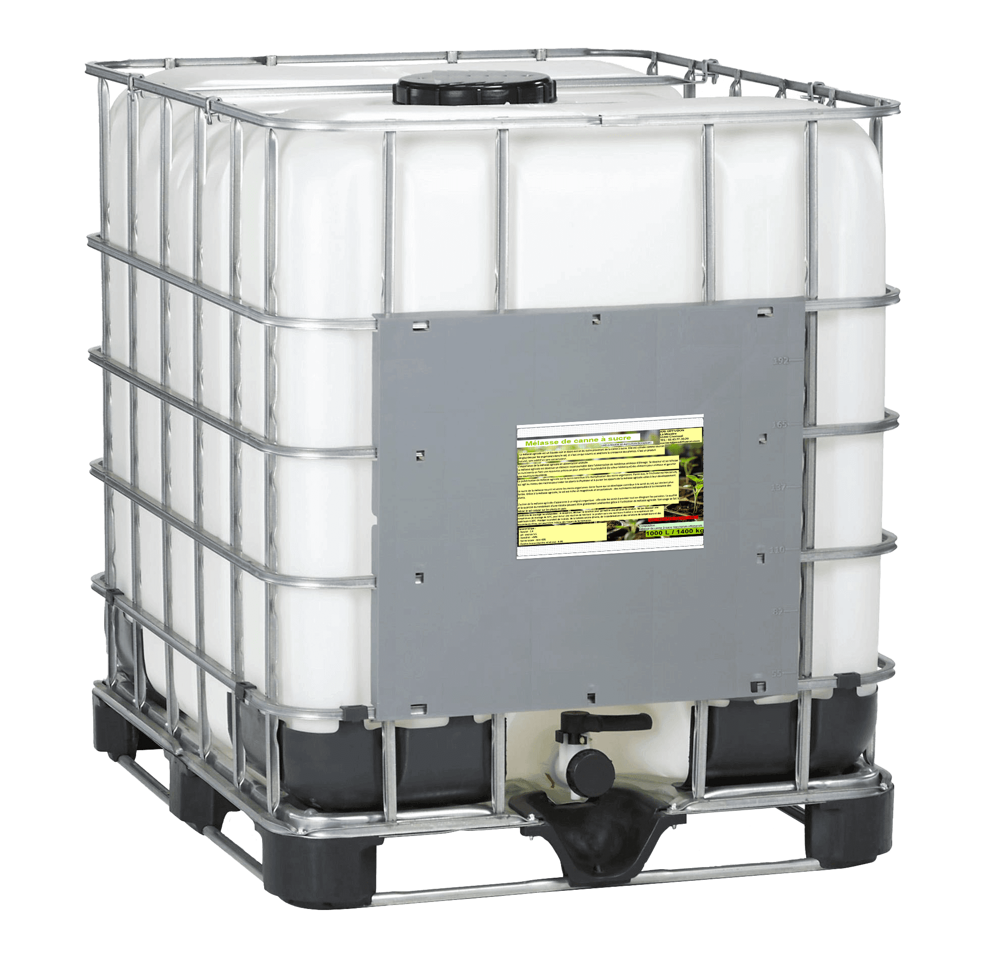 IBC de 1000 litres de mélasse de canne à sucre avec étiquette Axe Diffusion