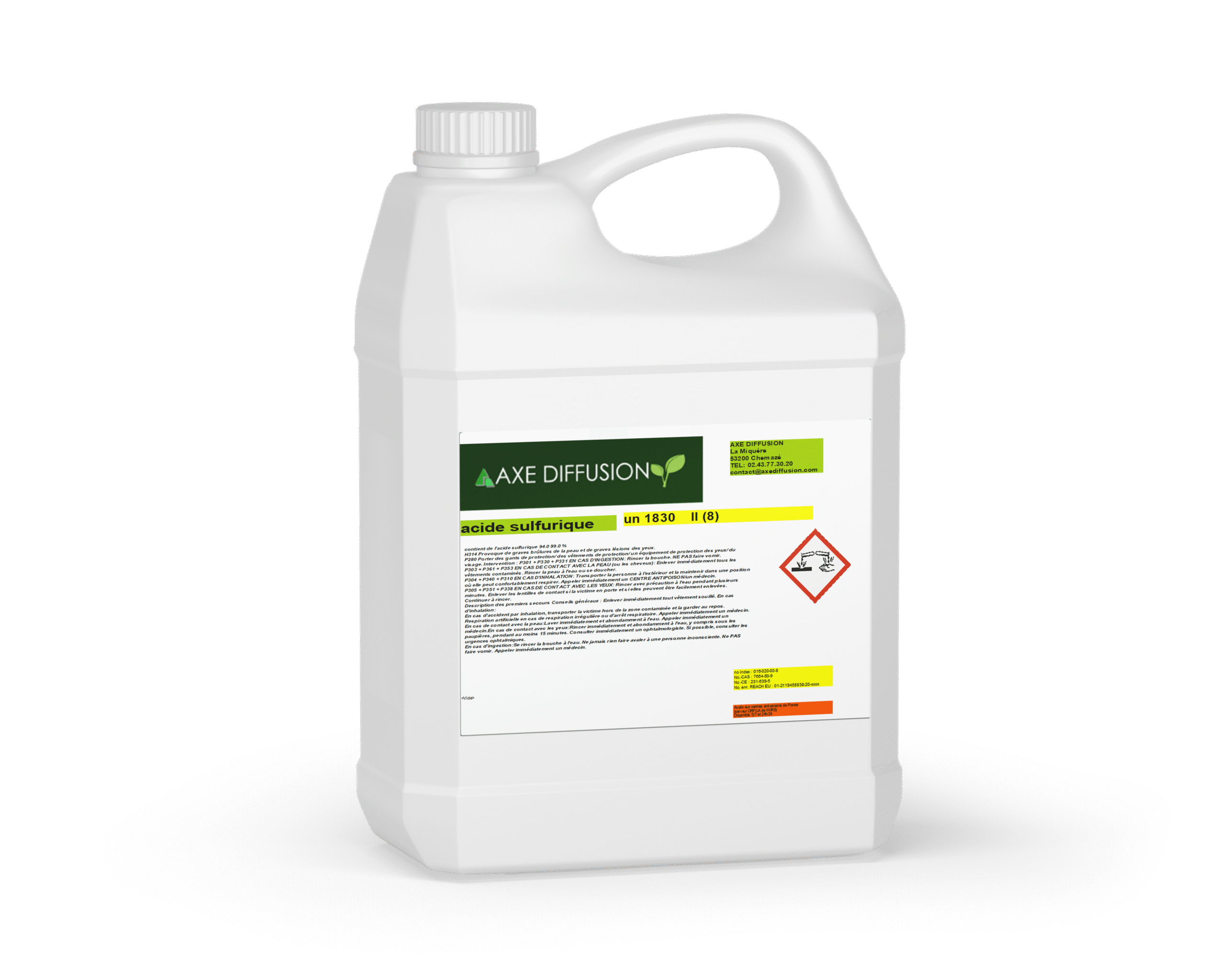 Bidon de 20 litres d'acide sulfurique agricole avec étiquette Axe Diffusion