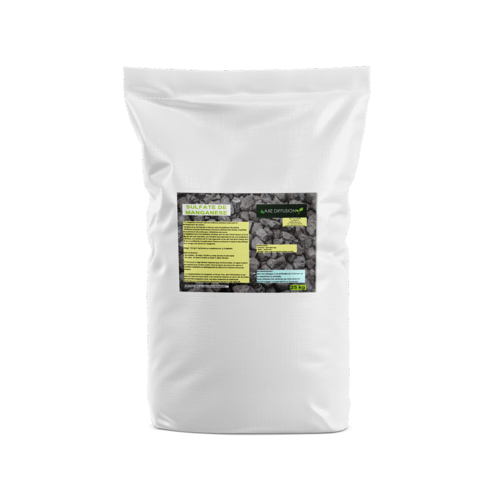 Sac de 25 kg de sulfate de manganèse agricole avec étiquette Axe Diffusion