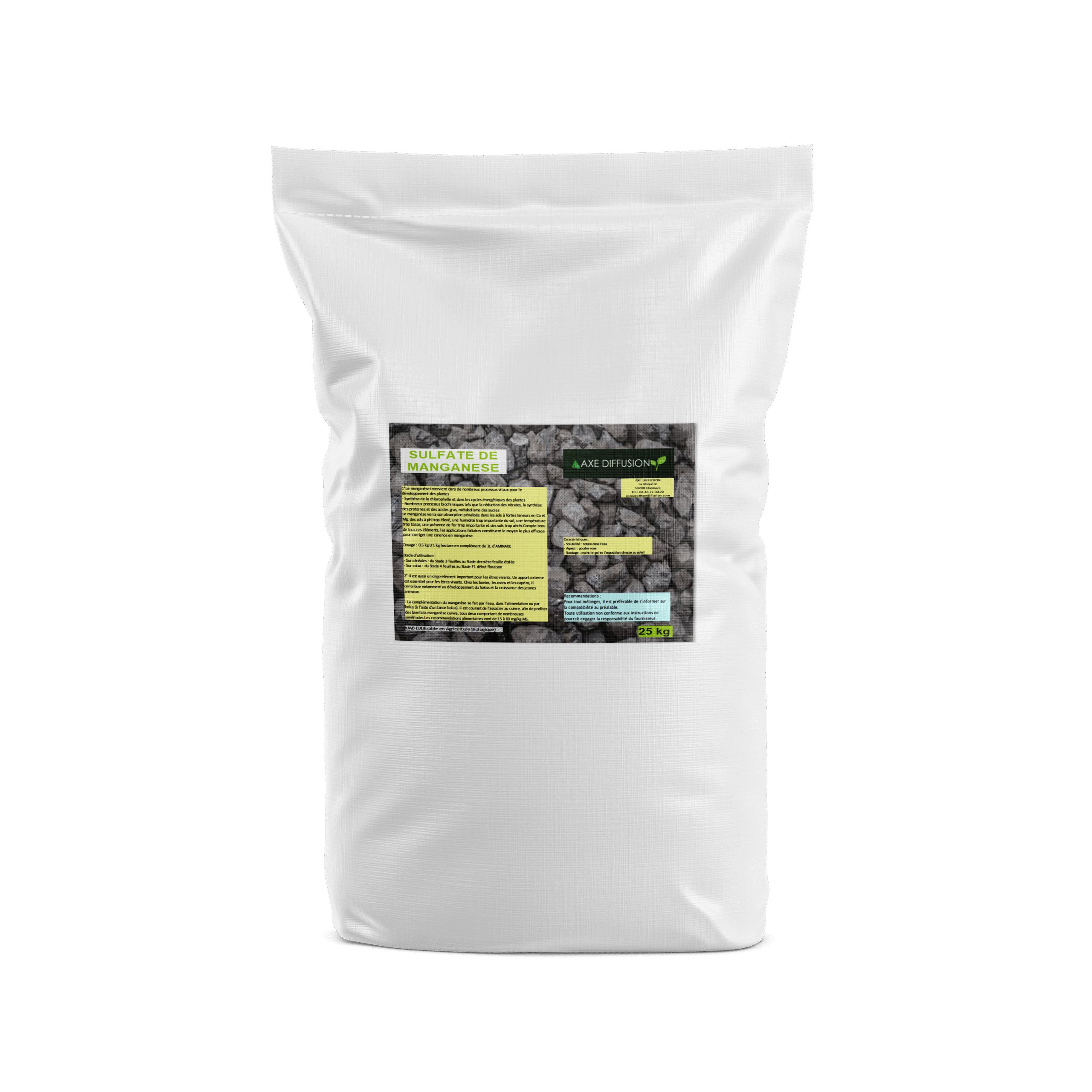 Sac de 25 kg de sulfate de manganèse agricole avec étiquette Axe Diffusion