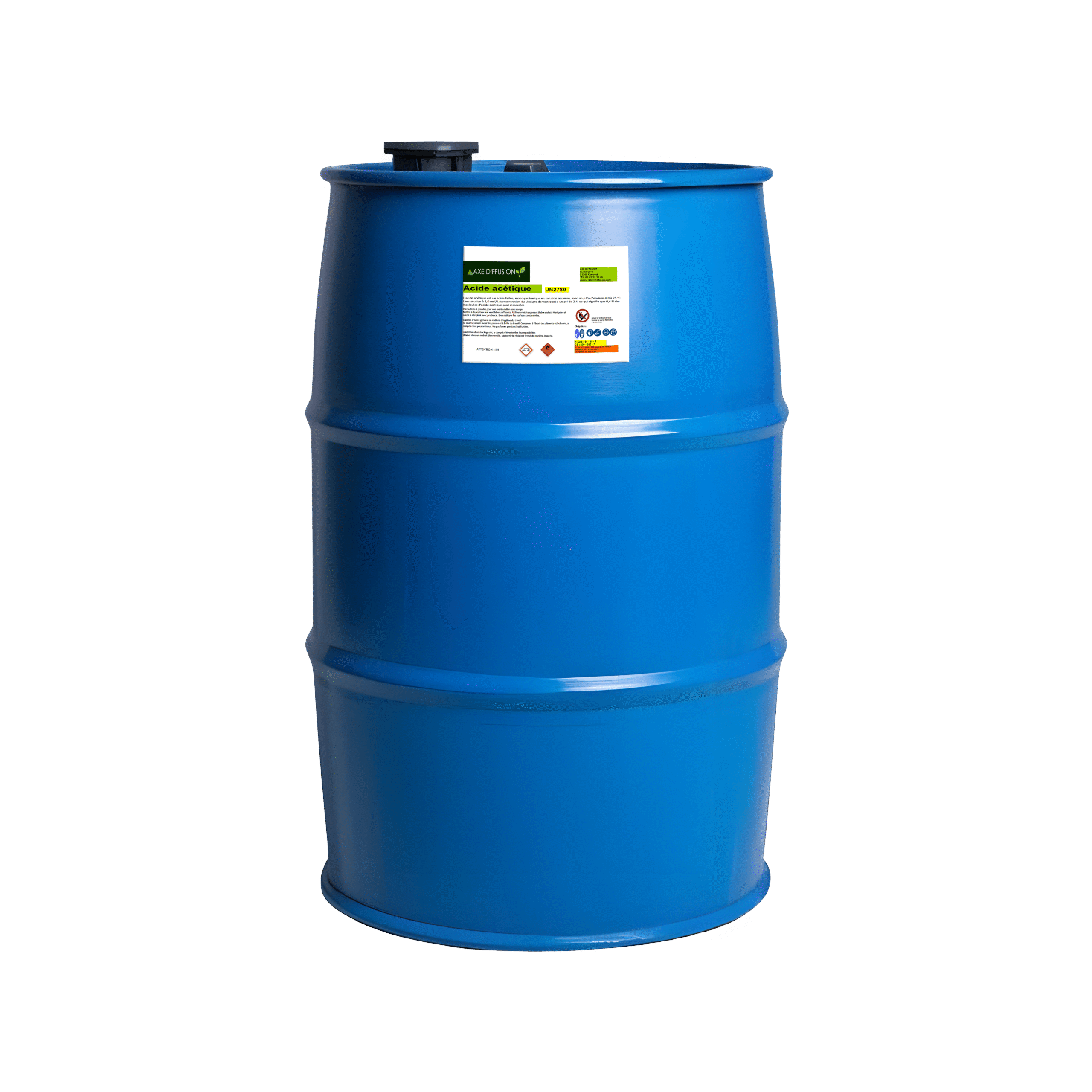 Bidon de 200 litres d'acide acétique agricole avec étiquette Axe Diffusion