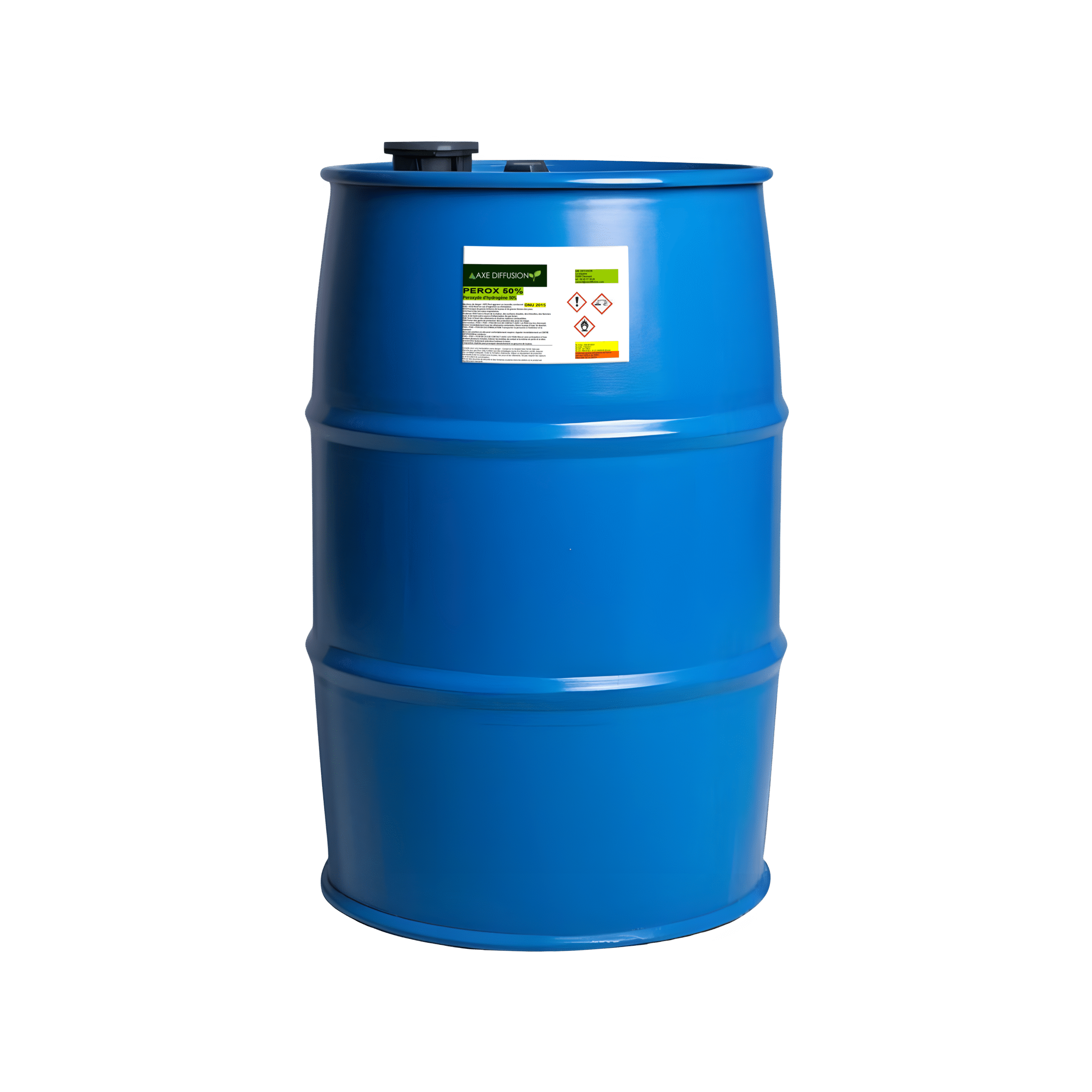 Bidon de 200 litres de peroxyde d'hydrogène avec étiquette Axe Diffusion