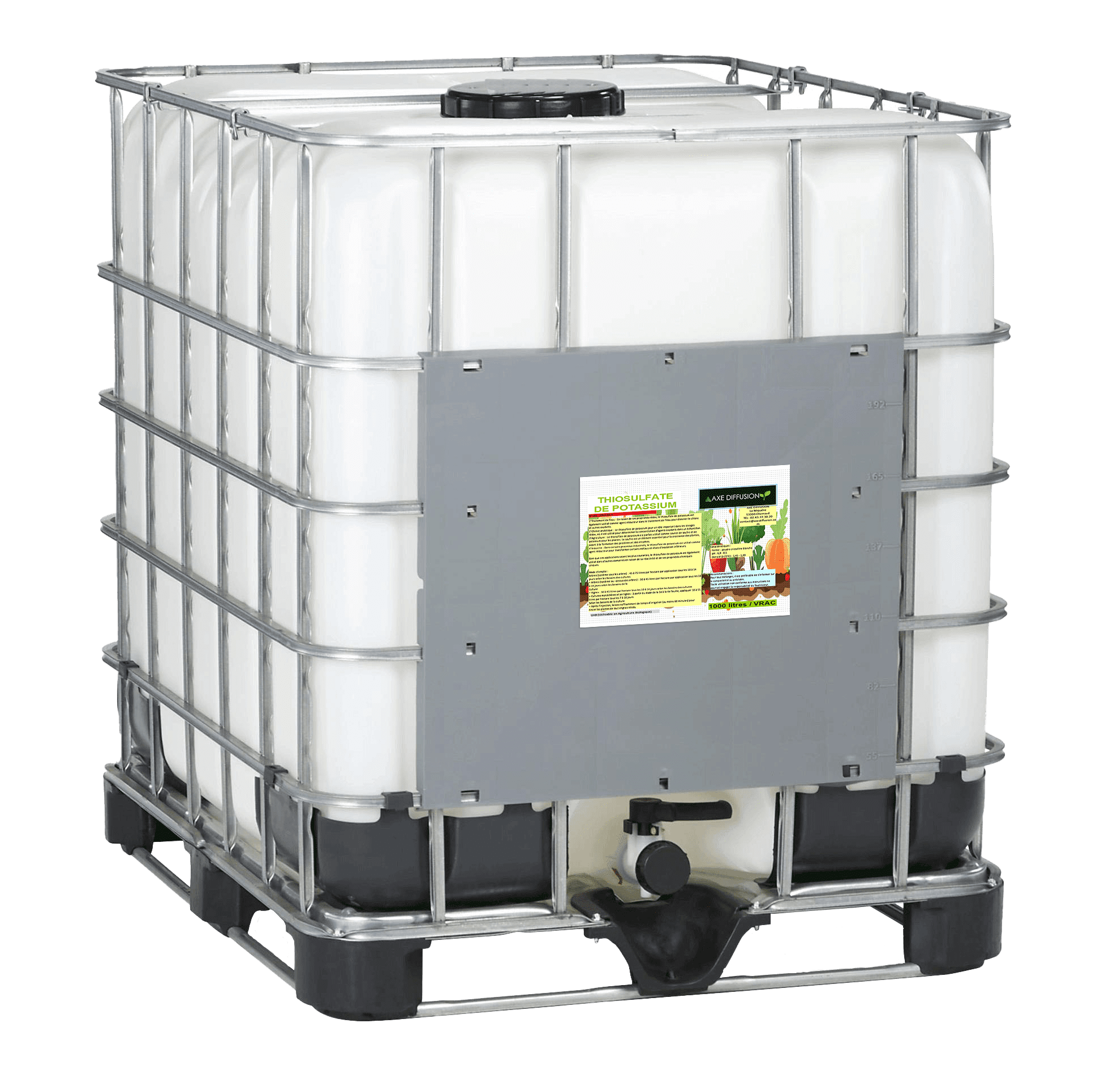IBC de 1000 litres de thiosulfate de potassium avec étiquette Axe Diffusion