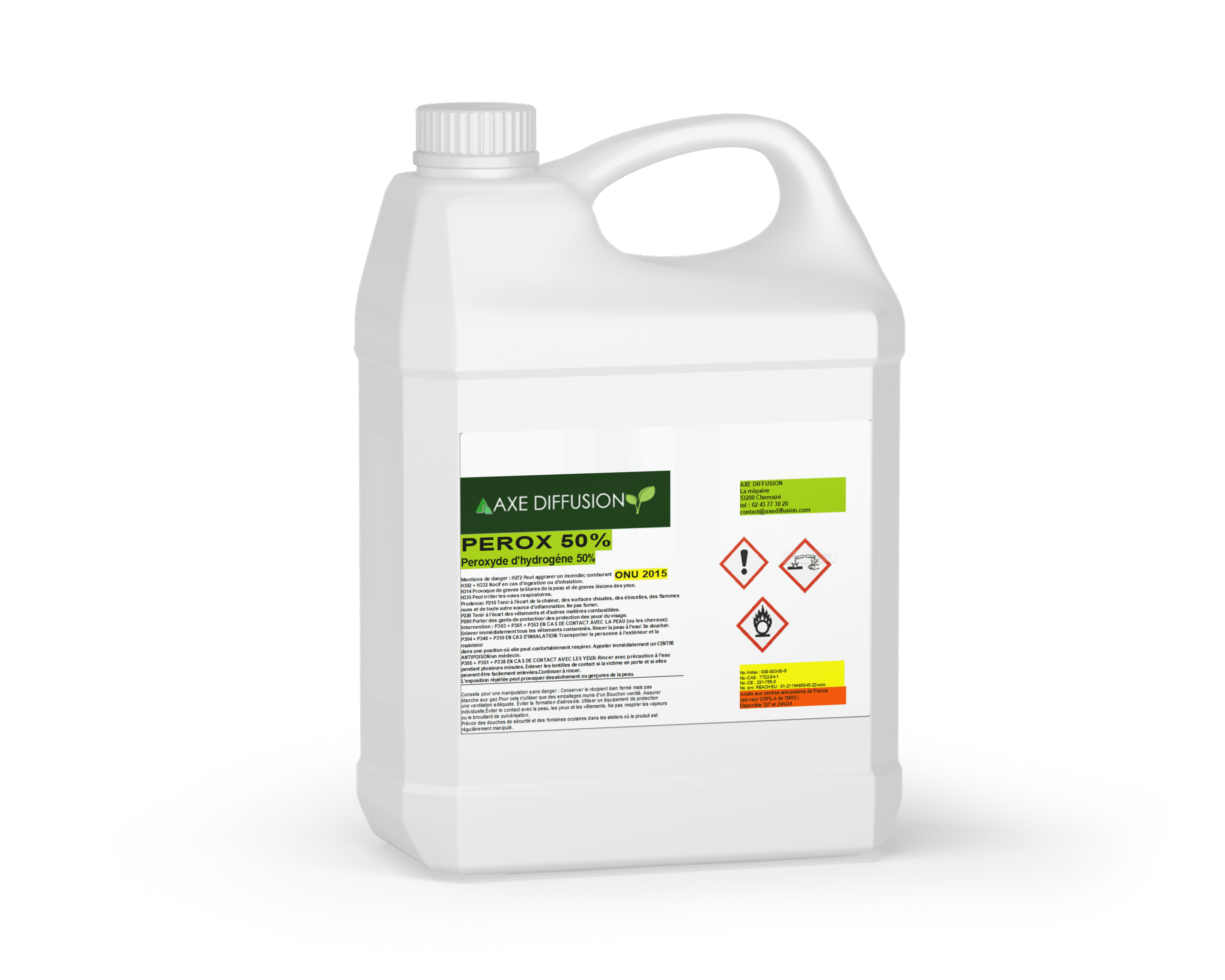 Bidon blanc de 20 litres de peroxyde d'hydrogène 50 % avec étiquette Axe Diffusion