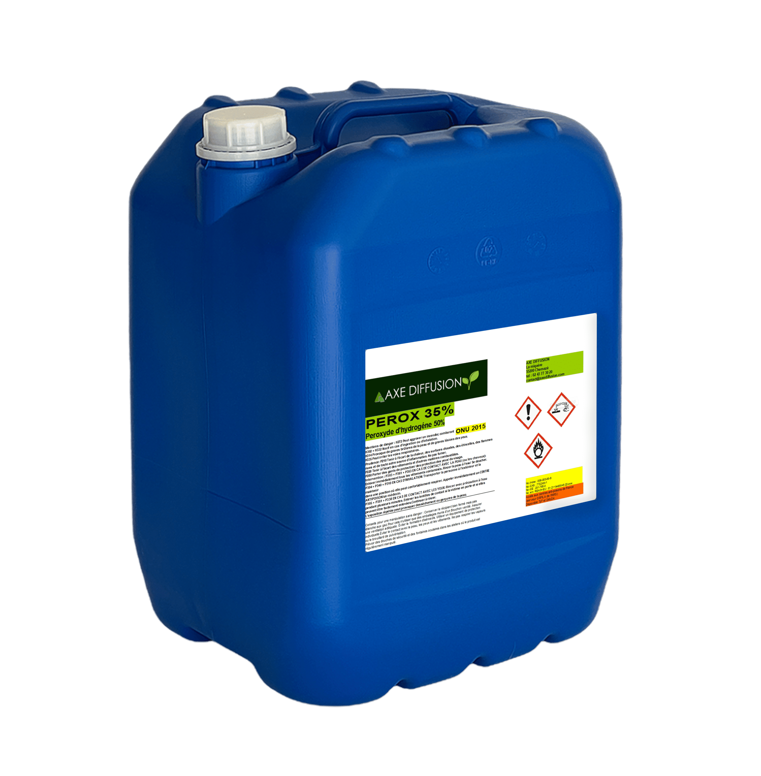 Bidon bleu de 30 litres de peroxyde d'hydrogène 35 % avec étiquette Axe Diffusion