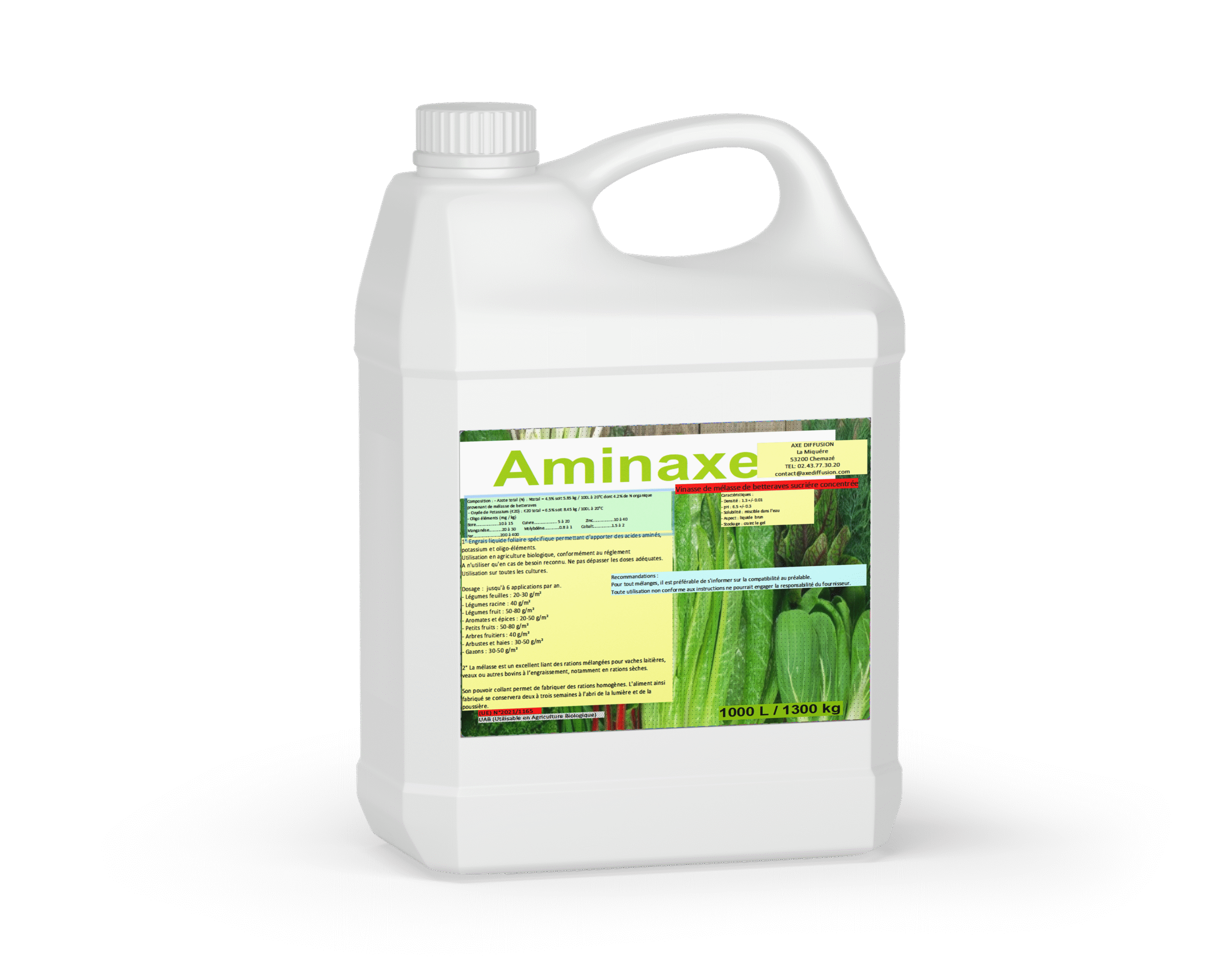 Bidon blanc de 20 litres d’acides aminés avec étiquette Axe Diffusion