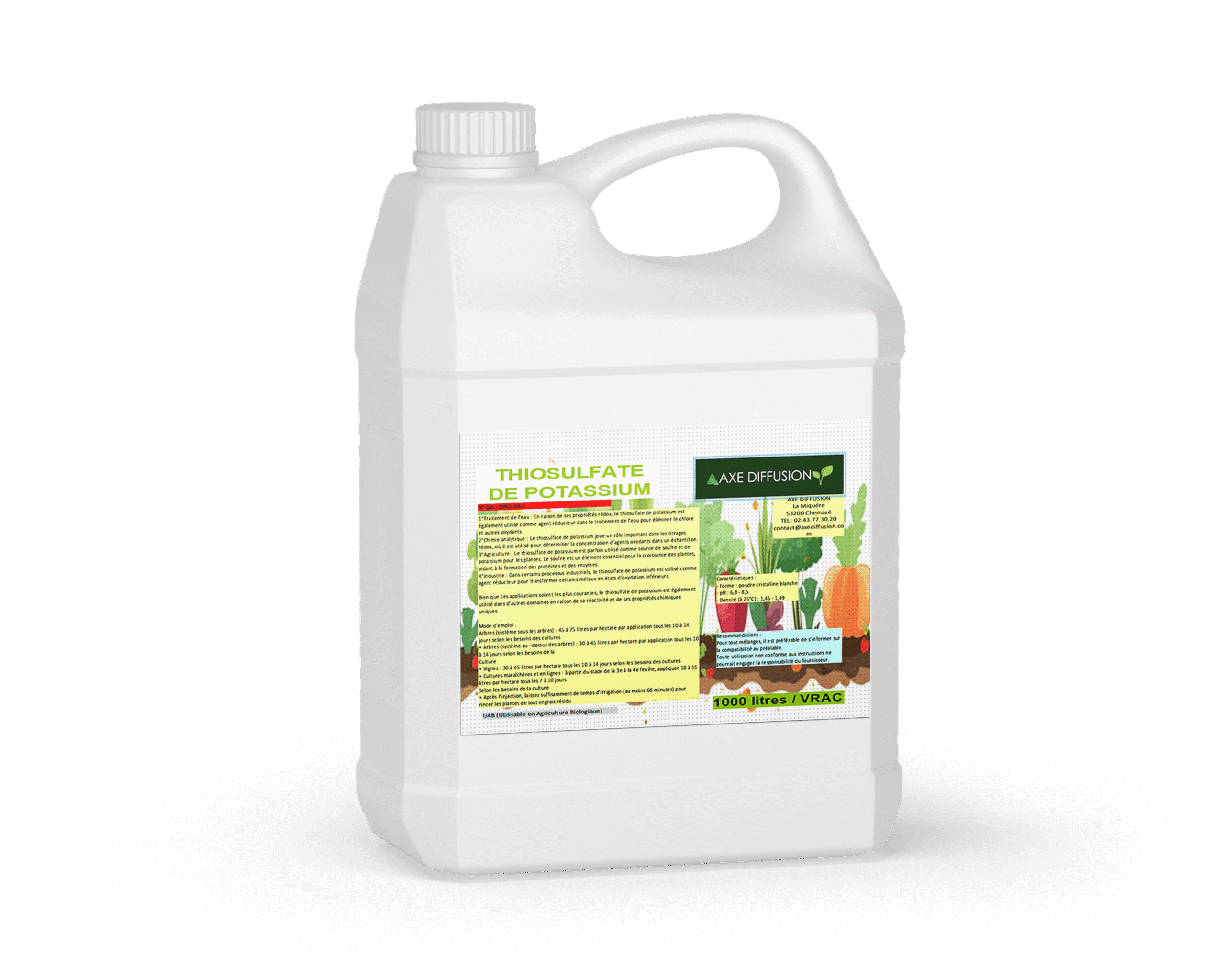 Bidon blanc de 20 litres de thiosulfate de potassium avec étiquette Axe Diffusion