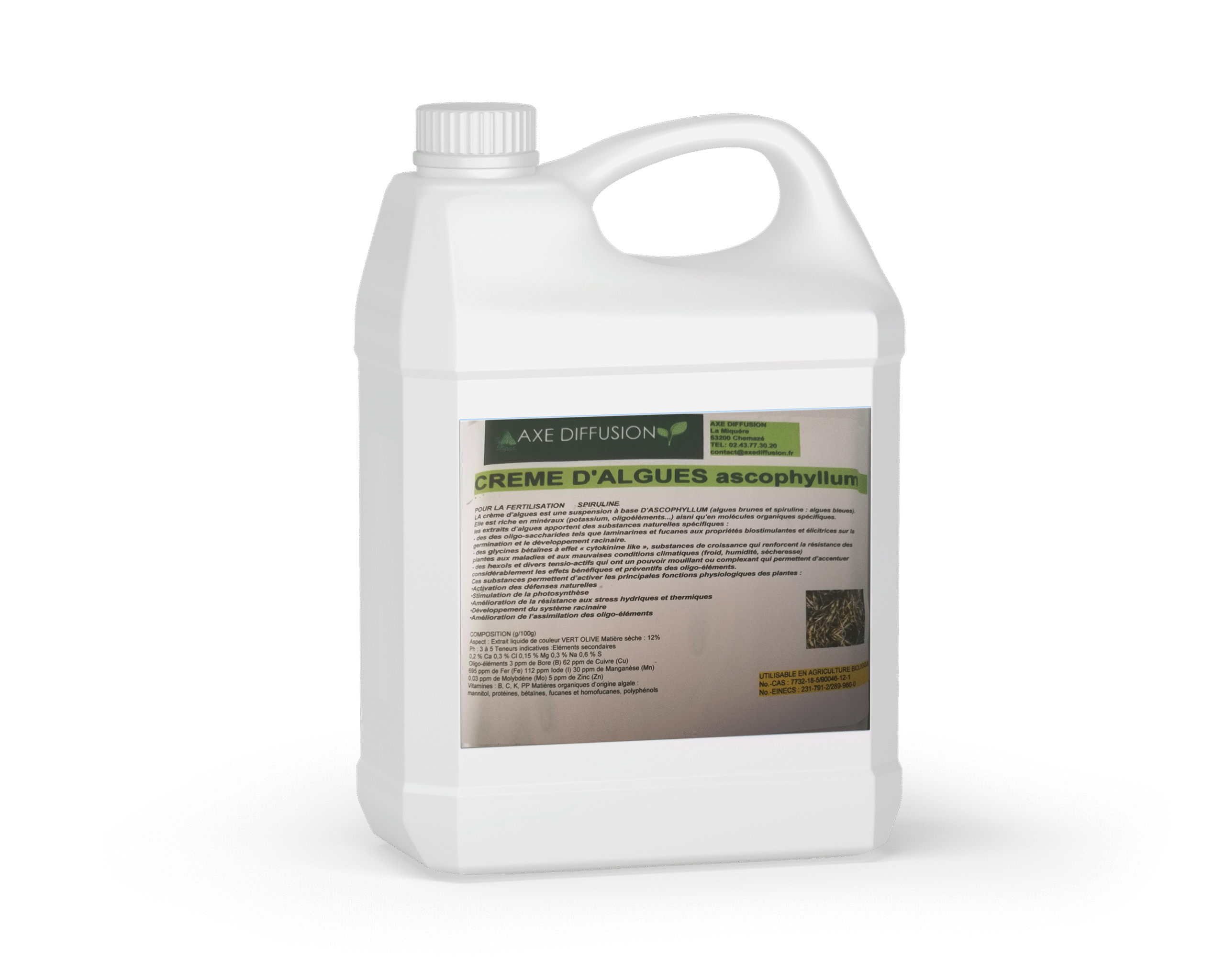 Bidon de 20 litres de crème d’algues agricole avec étiquette Axe Diffusion