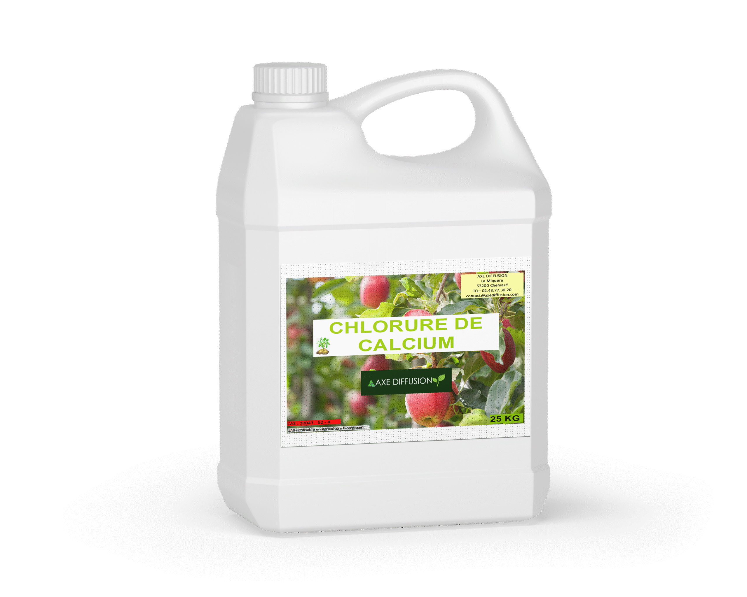 Bidon blanc de 20 litres de chlorure de calcium avec étiquette Axe Diffusion