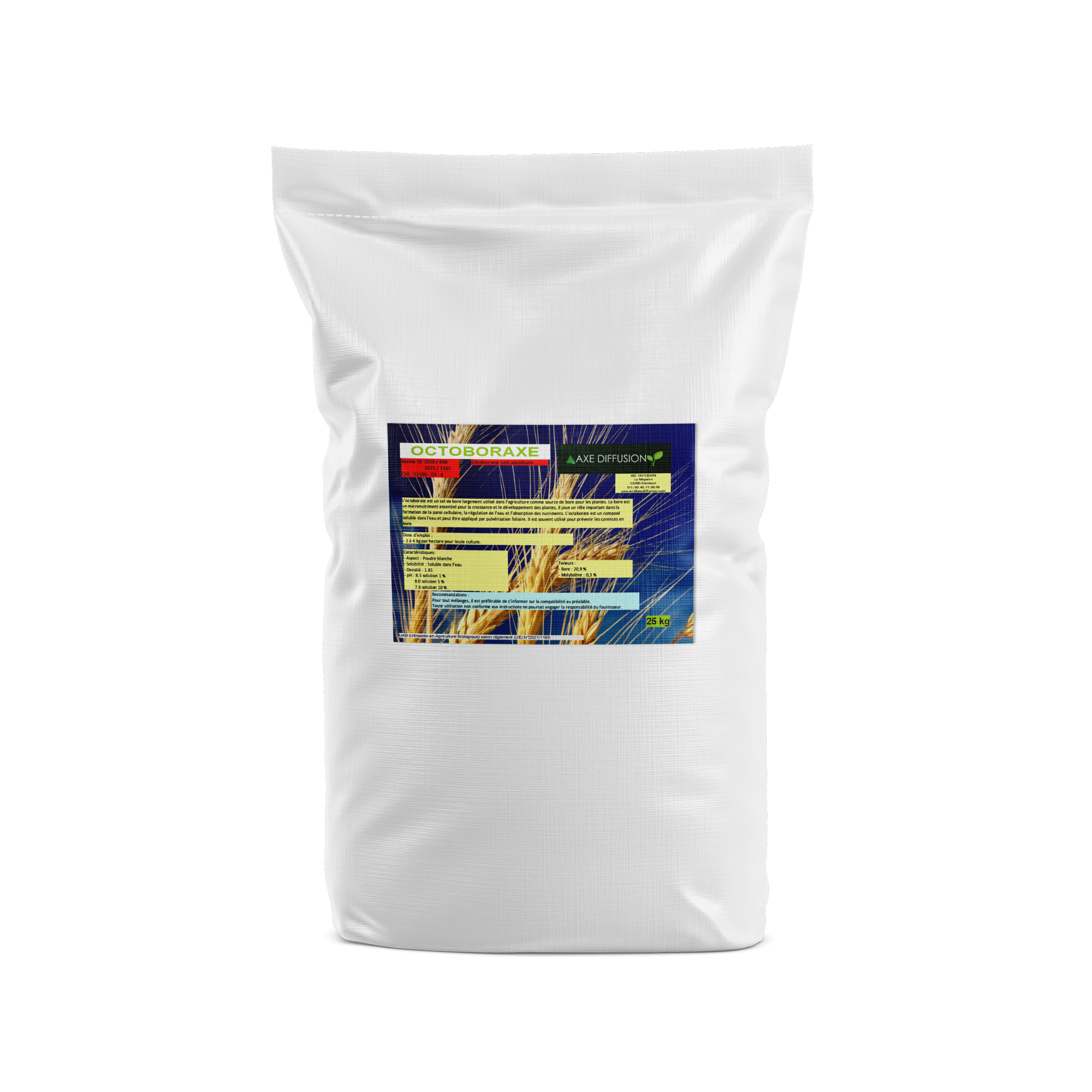 Sac de 25 kg d’Octoboraxe agricole (source de bore) avec étiquette Axe Diffusion