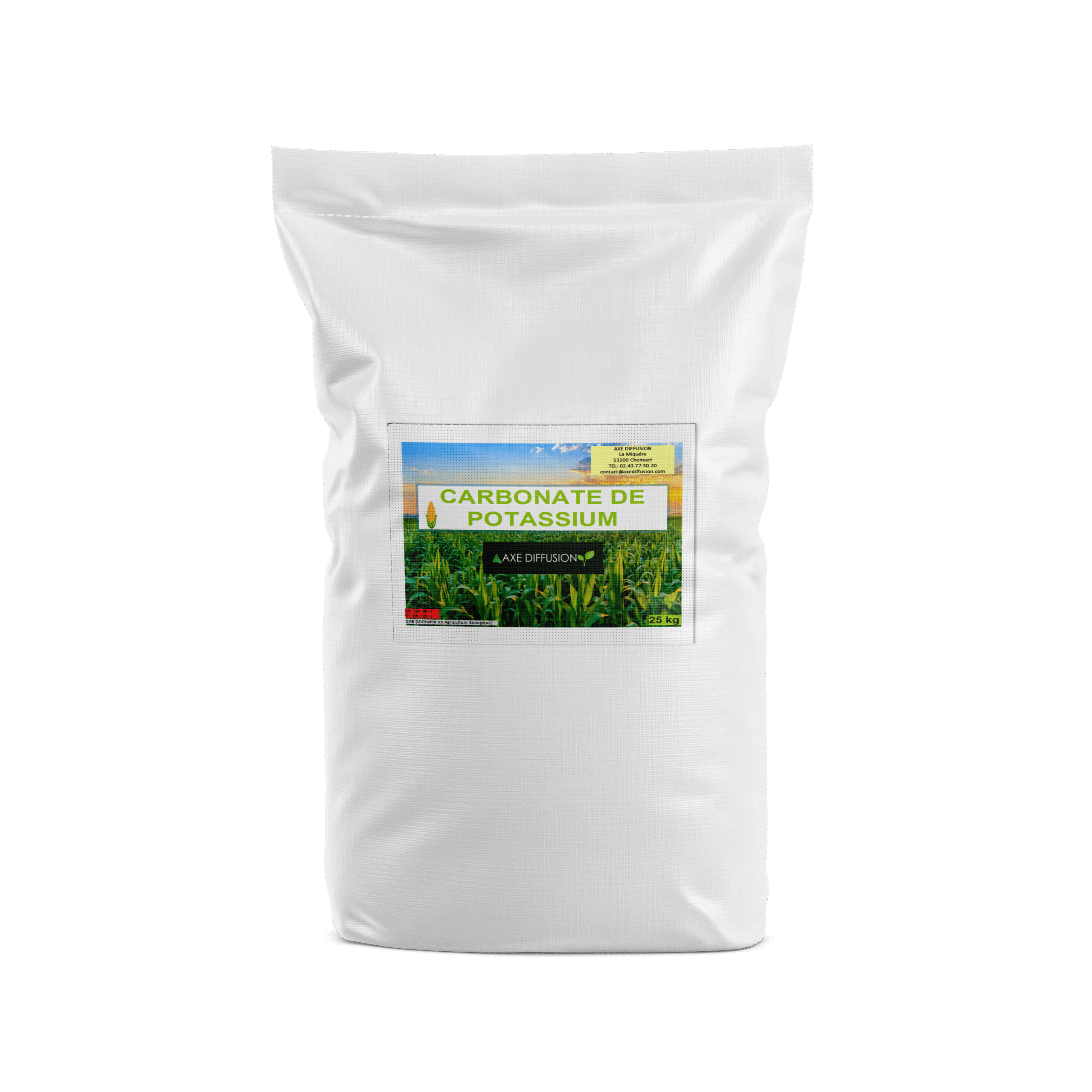 Sac de 25 kg de carbonate de potassium agricole avec étiquette Axe Diffusion