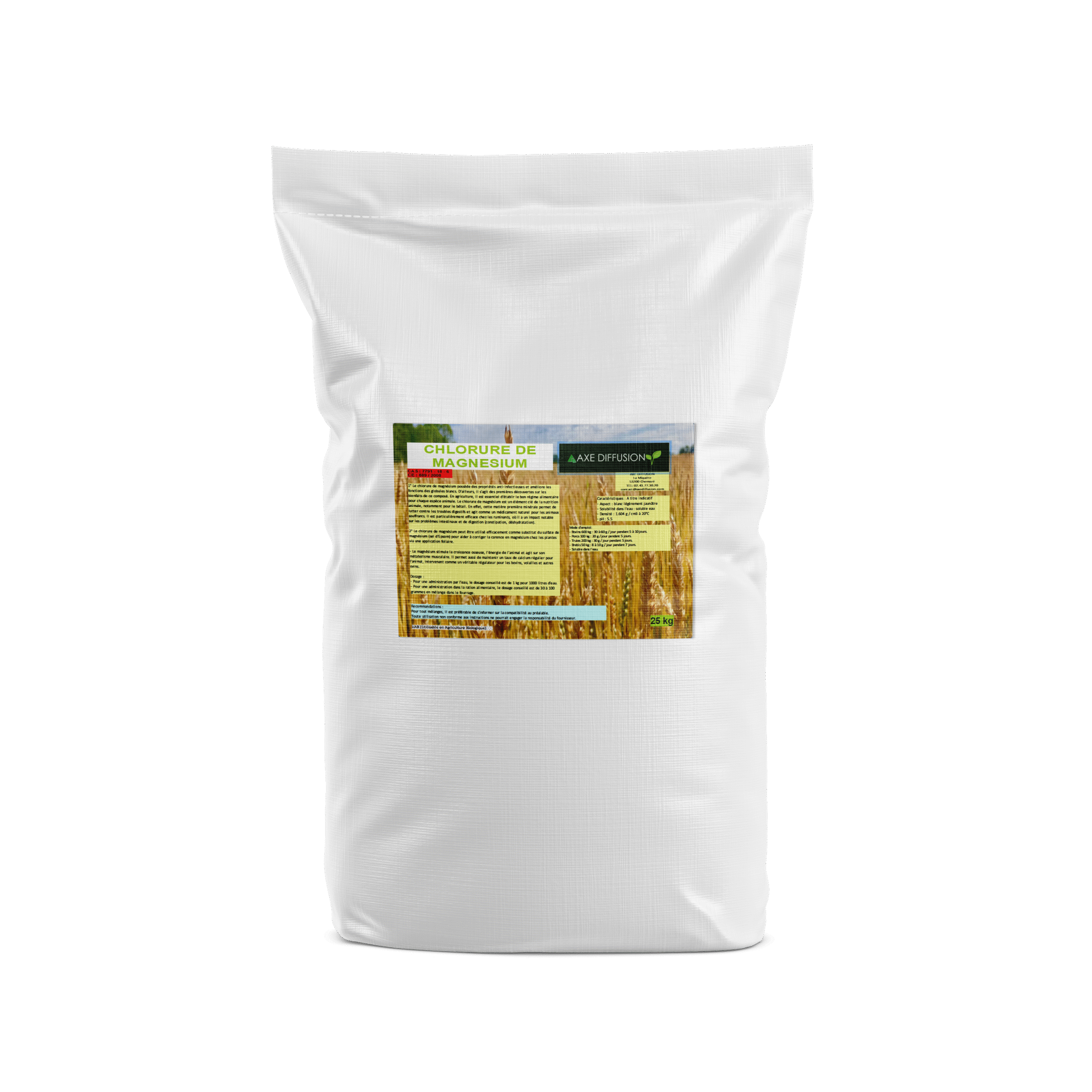 Sac de 25 kg de chlorure de magnésium agricole avec étiquette Axe Diffusion