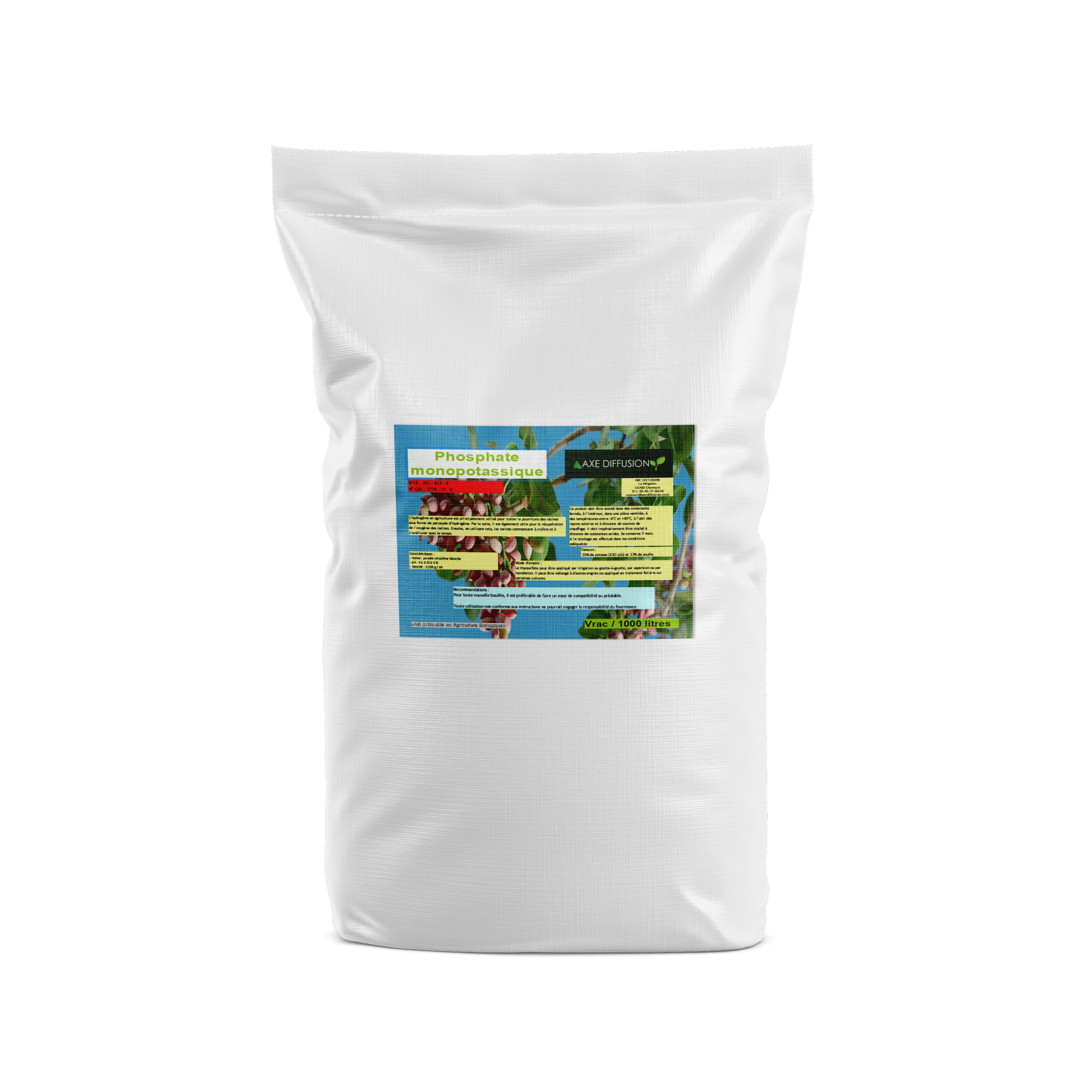 Sac de 25 kg de phosphate monopotassique (MKP) agricole avec étiquette Axe Diffusion