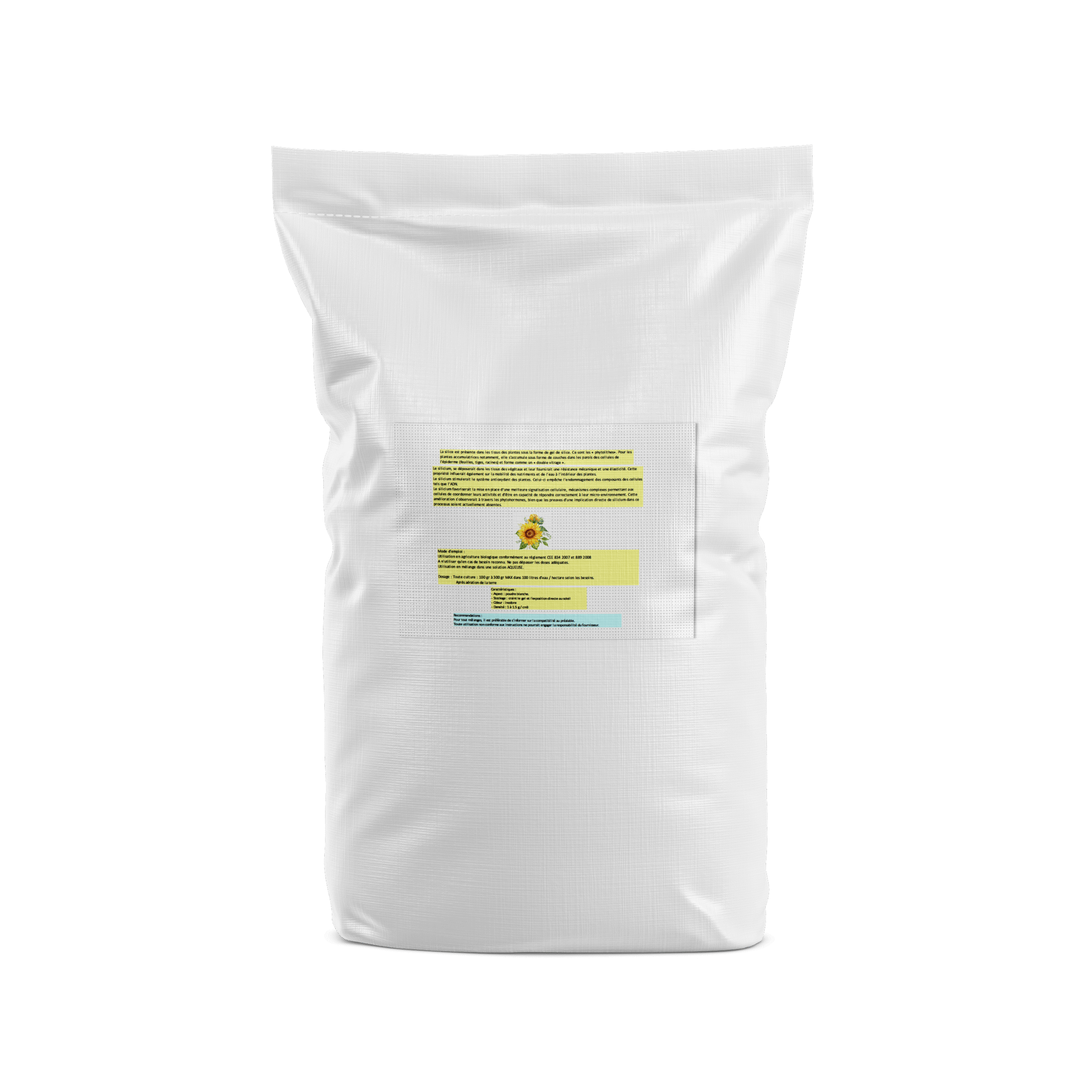 Sac de 25 kg de silice agricole avec étiquette Axe Diffusion