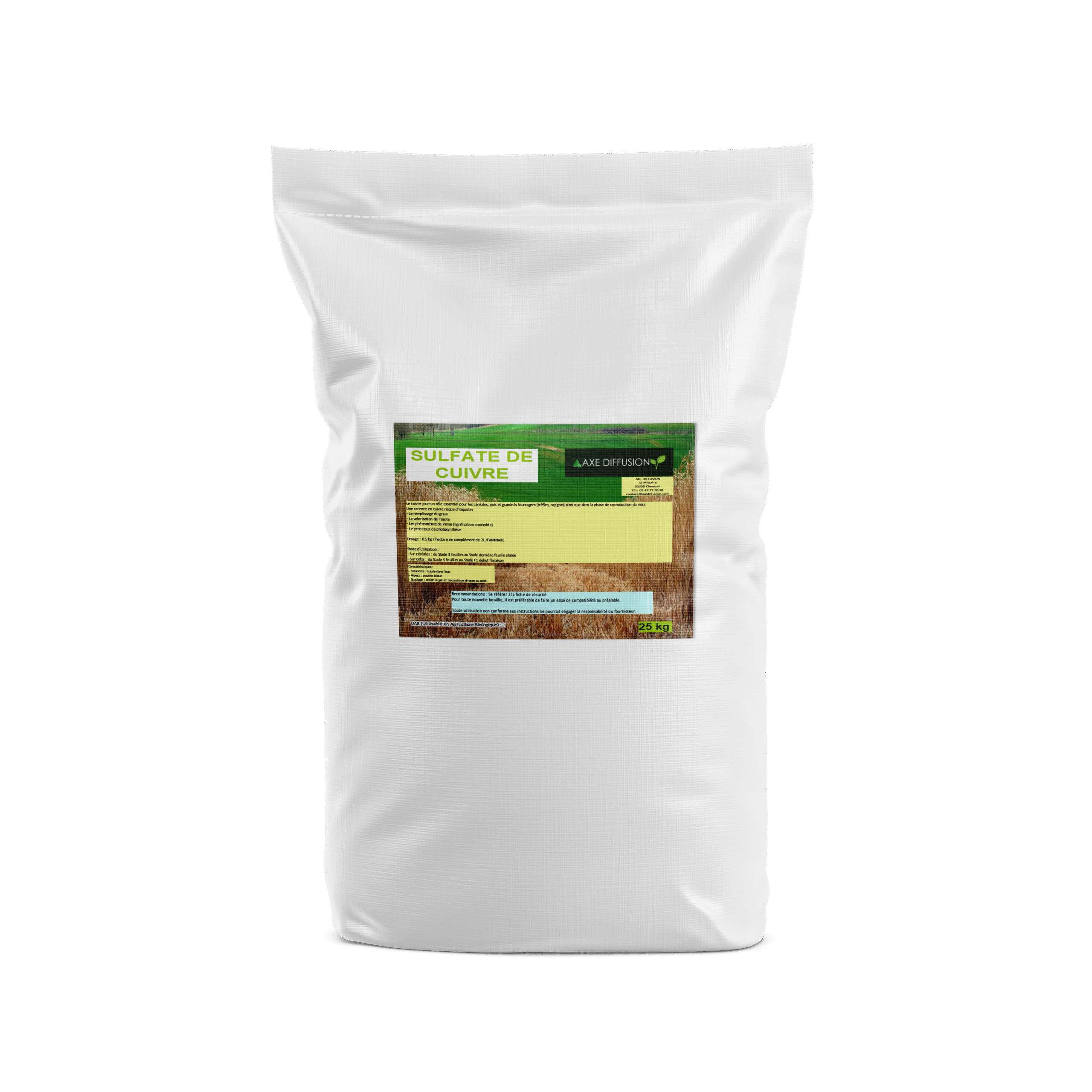 Sac de 25 kg de sulfate de cuivre agricole avec étiquette Axe Diffusion