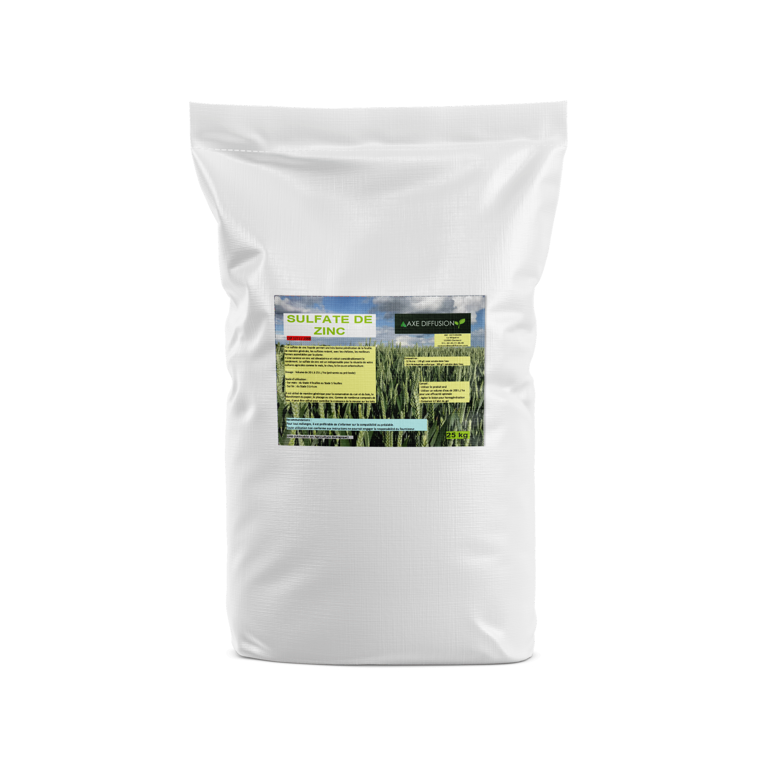 Sac de 25 kg de sulfate de zinc agricole avec étiquette Axe Diffusion