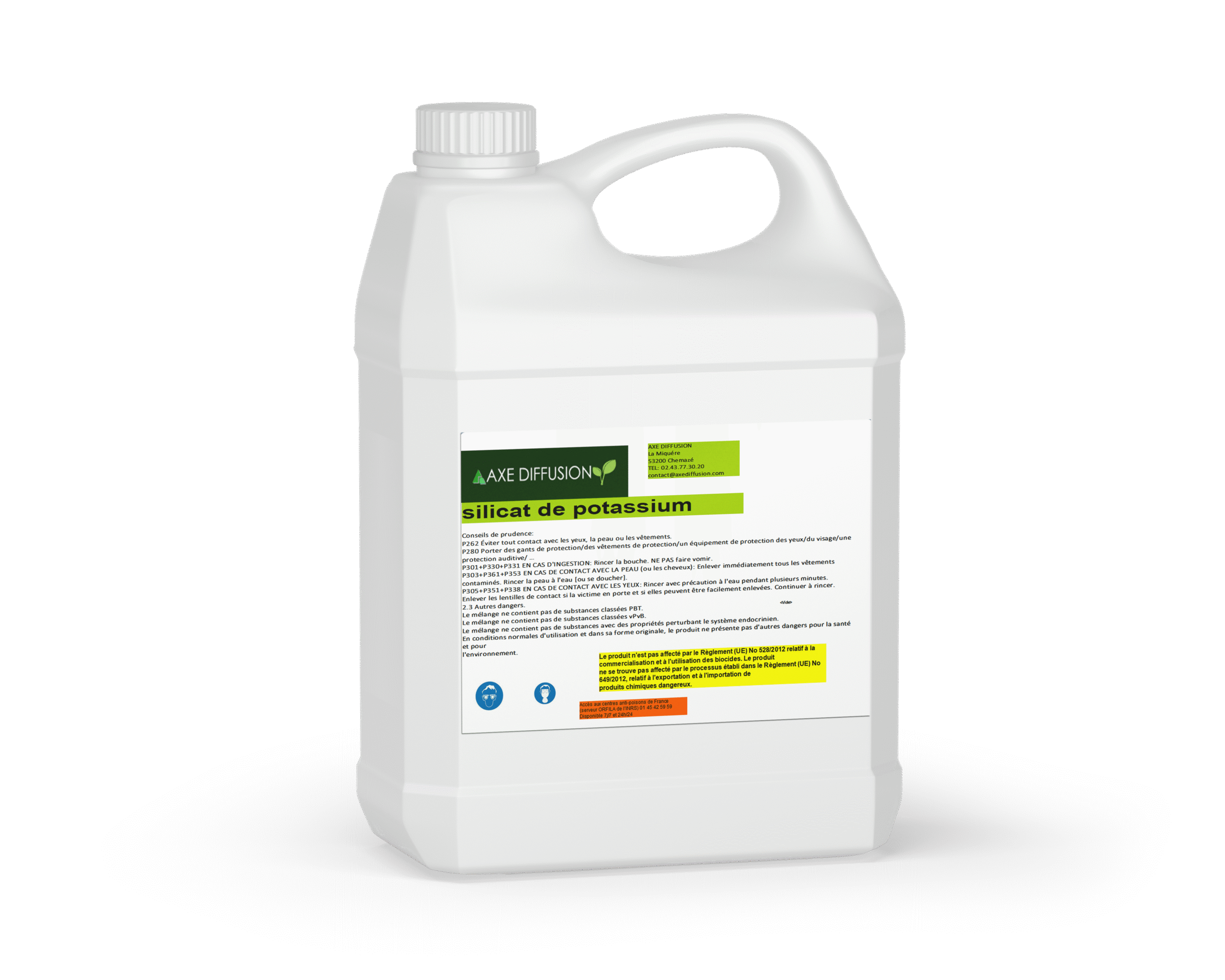 Bidon de 20 litres de silicate de potassium agricole avec étiquette Axe Diffusion